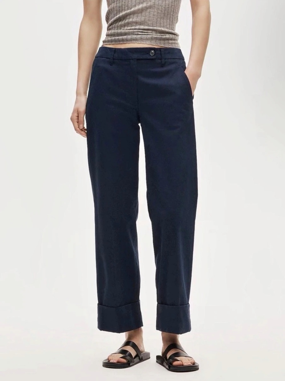 J. Crew Women’s Cuffed Chino Pant Navy Blue Cotton Relaxed Wide Leg Tall Sz. 10T